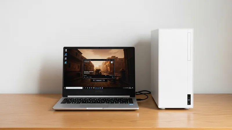 Poste de jeu avec un ordinateur portable et une tour, eclairage neutre