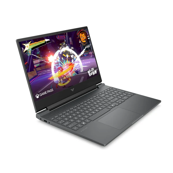 Ordinateur portable de jeu gris ouvert, vue de trois quarts