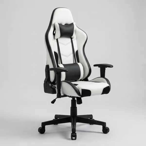Chaise gaming blanche et noire, dossier inclinable