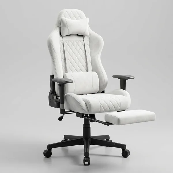 Chaise gaming en simili daim blanc avec repose-pieds