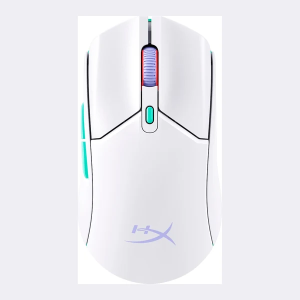 Souris gaming HyperX blanche sans fil, molette turquoise